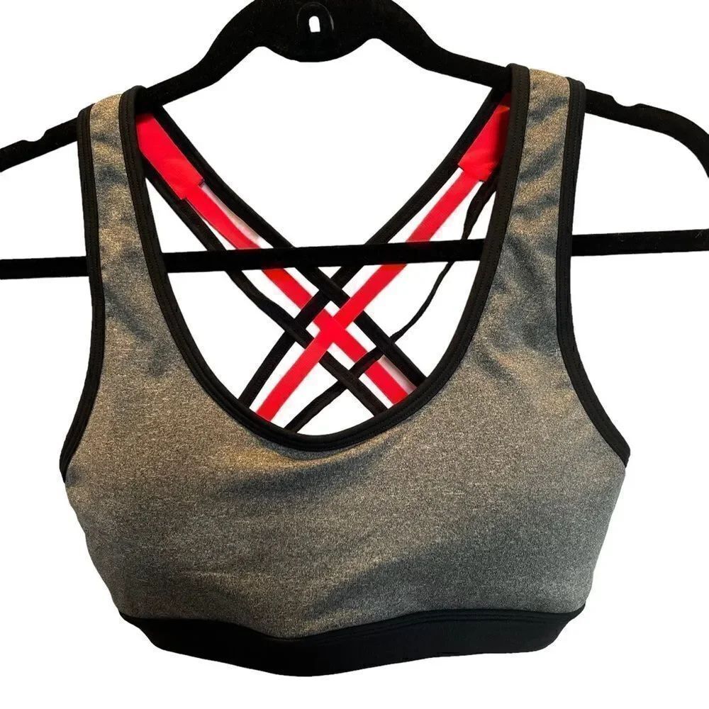 Marika Sports Bra Gray, orange and black. Racerback. Size Medium